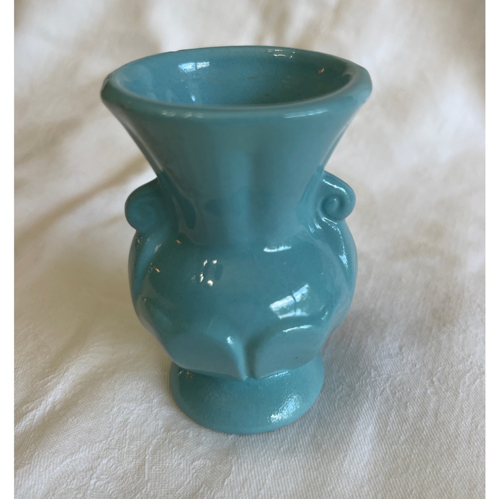 Vintage Shawnee Miniature Vase Blue 3 1/4” Tall Faux Handles Unglazed Bottom
